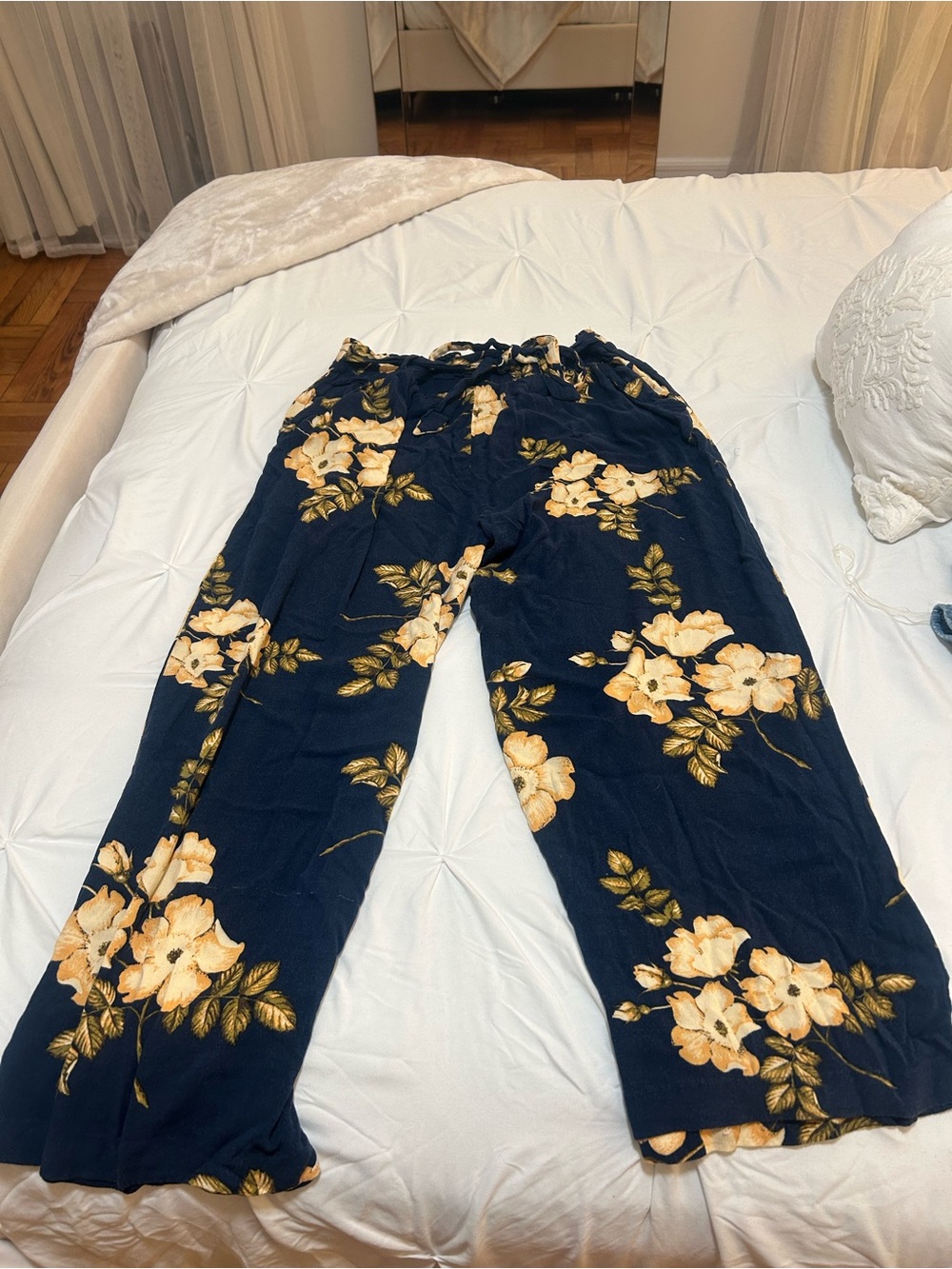 LuLaRoe Navy Wide-Leg Pants with Yellow Floral Print